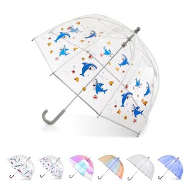 totes Kids Clear Bubble Umbrella with Dome Canopy Lightweight Design Wind and Rain Protection Umbrella Shark Kids 38 Canopy