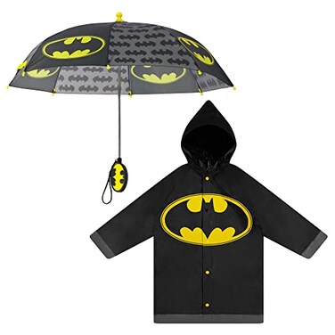 DC Comics Little Kids Umbrella and Lightweight Rain Slicker Set for Boys Ages 47 Black Batman Age 67