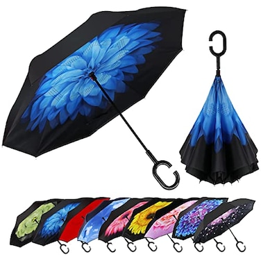 MRTLLOA 404956 Inch Oversize Windproof Inverted Reverse Upside Down Umbrella Golf Size Rain Umbrella Double Layer CShaped Handle for Men Women and Kids Blue Daisy 49 Inch