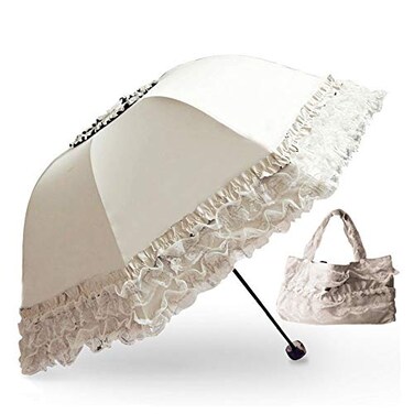 WANLIAN Lace Windproof Folding Sunny and Rainy Umbrella UltravioletProof Anti Sun UV Protection Parasol Umbrella Rice white