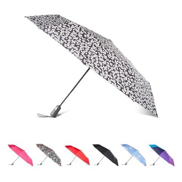 Totes Auto OpenClose Windproof Ultimate Compact Umbrella with UV and Water Repellent Protection
