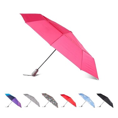 Totes Auto OpenClose Windproof Ultimate Compact Umbrella with UV and Water Repellent Protection