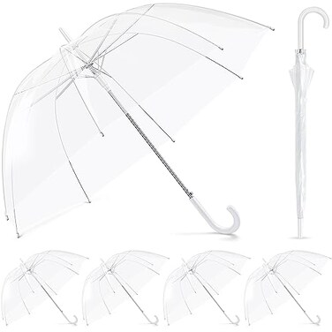 Fabbay 6 Pcs Umbrella Wedding Style Stick Umbrellas Large Windproof Bubble Rain Umbrellas with J Hook Handle for Bride Groom GiftWhite Handle