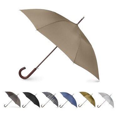 Totes Auto Open Water Repellent Stick Umbrella with Classic Wood J Hook Handle
