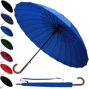 COLLAR AND CUFFS 60MPH Windproof 24 Rib Large Strong Umbrella XL Automatic Heavy Duty Golf Umbrella For Rain and Wind 3 Layer Frame Wooden Hook Handle Best for Most Ribs Azure Blue