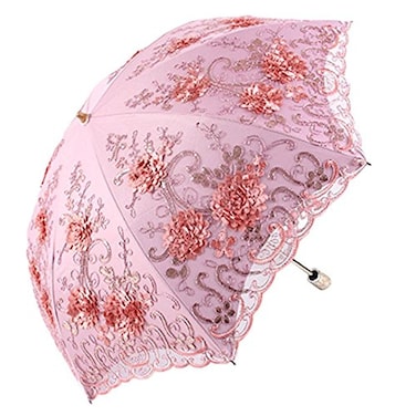 Honeystore Vintage Lace UV Sun Parasol Folding 3D Flower Embroidery Umbrella BM1618 Pink