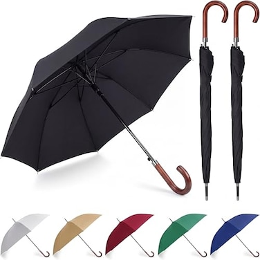 Silkfly 2 Pcs 246 Pcs 48 Auto Open Umbrella Large Wooden J Stick Handle Vintage Windproof Travel Wedding Fast Drying Umbrella Black