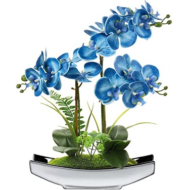 Briful Orchids Artificial Flowers 15 Blue Phalaenopsis Orchid with Silver Pots Real Touch Faux Orchids for Home Office Bedroom Living Room Table Decoration