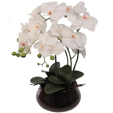 Larksilk 25 White Phalaenopsis Orchid in 7 Black Ceramic Pot Tall PrePotted Faux Orchid for Office Desk Executive Console Restaurant Modern Home Decor Hostess Sympathy Gift