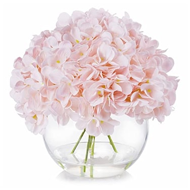 ENOVA FLORAL Silk Hydrangea Artificial Flowers in Vase with Faux Water Pink Hydrangea Artificial Flowers with Vase Home Decor Indoor Pink