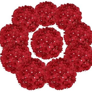 Flojery Silk Hydrangea Heads Artificial Flowers Heads with Stems for Home Wedding DecorPack of 10 Red