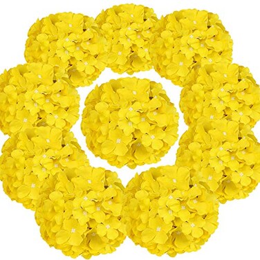 Flojery Silk Hydrangea Heads Artificial Flowers Heads with Stems for Home Wedding DecorPack of 10 Yellow