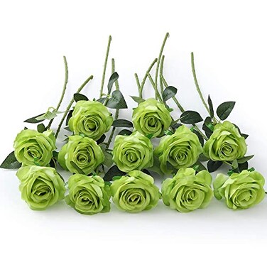 Laelfe 12 PCS Artificial Flowers Roses Silk Flowers Fake Long Stem Artificial Roses for Home Wendding Kitchen DecorationsGreen