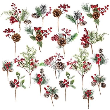 Crafare 20 Pack Artificial Christmas Tree Picks Assorted Red Berry Pine Picks Spray with Pinecones Apples Holly Leaves Winter Holiday Season Dco