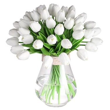 Deorok 30 Pcs Artificial Tulips PU Faux Flowers White Real Touch Fake Tulips for Valentines Day Spring Easter Home Kitchen Wedding Decorations and New Year Decor