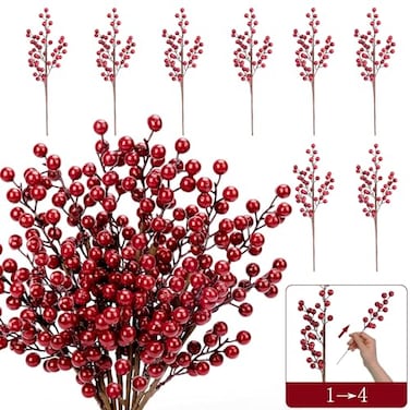 HOHOTIME Christmas Holly Berry Stem Ornaments 8 Large Branches32 Small Branches Artificial Berry Stem Removable Artificial Glitter Berry Stem Ornaments Home Decorative for Christmas Tree Wreath