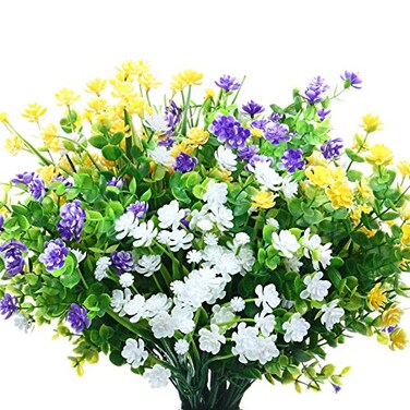 WILLBOND 12 Bundles Artificial Flowers Outdoor UV Resistant Faux Artificial Plants Shrubs Plastic Flower Bulk for Hanging Planter Porch Window Home Spring Summer DecorYellow Purple White