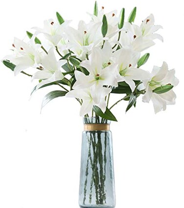 LNHOMY 6 Pack Artificial Lily Flowers Full Bloom Fake Latex Real Touch Artificial Flower Bouquets with 3 Heads Wedding Party Decor Home Decor White