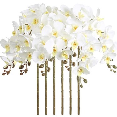 ICBOX 38 White Orchids Artificial Flowers Velvet Silk Orchids 6 PCS Faux Orchids Long Stem Artificial Flowers for Tall Vase Home Wedding DecorationWhite