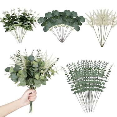 Coreland Artificial Eucalyptus Leaves Stems 120 Pcs 4 Kinds Mixed Fake Silver Dollar Eucalyptus Leaves Stem Bulk Faux Leaf for DIY Bouquets Floral Arrangement Wedding Home Decor