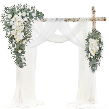 WEDFLOR Wedding Arch Flowers with Drapes Kit Pack of 4 2pcs Artificial Ivory White Deluxe Swag with 2pcs Sheer Drapes for Wedding Ceremony Arbor Reception Backdrop Rose Floral Decoration