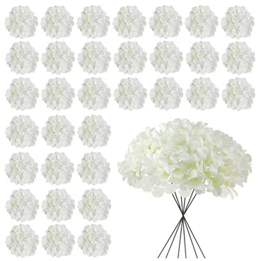 Cherica White Hydrangea Artificial Flowers Bulk 30 Pcs Faux Hydrangea Flowers Heads Artificial Fake Silk Hydrangea Flowers with Stems White Flowers Artificial for Decoration Wedding Dcor