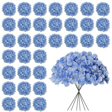 Cherica 30 Pcs Blue Hydrangea Artificial Flowers Bulk Faux Hydrangea Flowers Heads Artificial Fake Silk Hydrangea Flowers with Stems Blue Flowers Artificial for Decoration Wedding Dcor