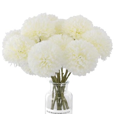 Rowfad 12 Pcs Artificial Chrysanthemums Flowers Silk Ball White Flowers Fake Mums Spring Flowers for Valentines Day Wedding Home Decor 12 White