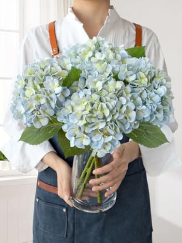 JINWOE Light Blue Hydrangea Artificial Flowers4Pcs 20 Real Touch Lifelike Silk Artificial Hydrangeas Full Fake Flowers for Bouquet Table Centerpieces Spring Wedding Indoor Home