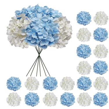 Cherica 20 Pcs Blue and White Hydrangea Artificial Flowers Bulk Faux Hydrangea Flowers Heads Artificial Fake Silk Hydrangea Flowers with Stems White Flowers Artificial for Decoration Wedding Dcor