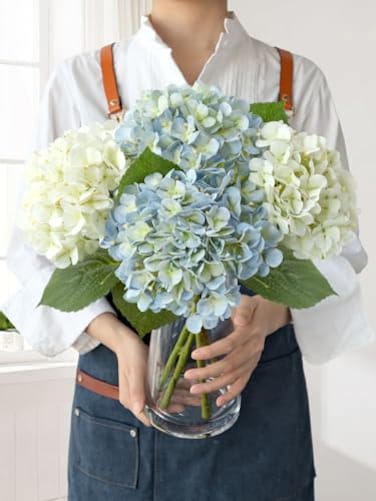JINWOE 4Pcs Boho Faux Hydrangea Flowers BlueWhite 20 Real Touch Fall Artificial HydrangeaFake Silk Flowers for Dinning Tables Party Outdoor Home Cemetery Kitchen Wedding Bouquet
