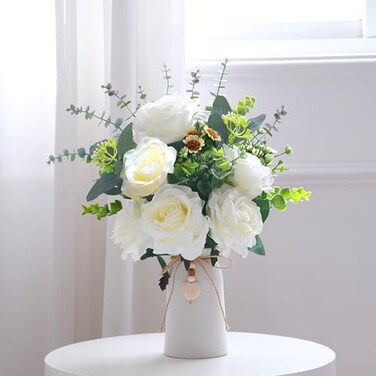 hopeme Artificial Rose Flower Arrangement in 6 White Ceramic Vase with Heart Charm Dcor Flower Arrangement with Eucalyptus Stems and Greenery Rustic Farmhouse Table Centerpiece 14H x 9W