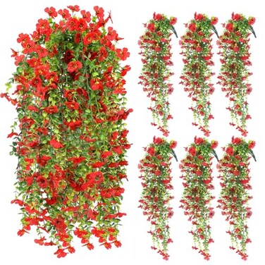 FineCheer 6 Pcs Spring Artificial Hanging Flowers Outdoor Faux Silk Mum Plant Decor Violet with Eucalyptus Realistic UV Resistant Trailing Vine Spring Porch YardRedViolet