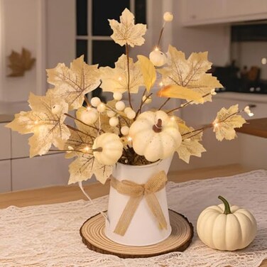 Grandeal Light Timer Fall Decor Table Centerpiece Potted White Maple Arrangement in Metal Pitcher Neutral Rustic Artificial White Pumpkin Berries Fall Decoration for Home Mantel Autumn Thanksgiving We