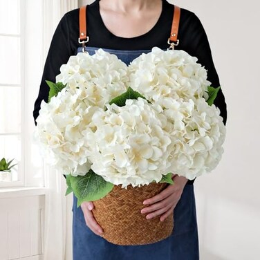 JINWOE Boho Silk Hydrangea Artificial Flowers 5Pcs Cream 20Inch Large Lifelike FlowersArtificial Hydrangeas for Indoor Bouquet Table Centerpieces Home Outdoor Wedding