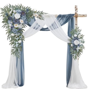 WEDFLOR Wedding Arch Flowers with Drapes Kit Pack of 4 2pcs Artificial Dusty Blue Deluxe Swag with 2pcs Sheer Drapes for Wedding Ceremony Arbor Reception Backdrop Rose Floral Decoration