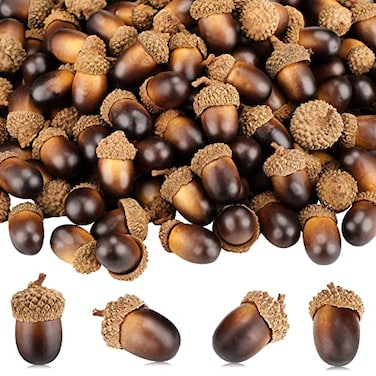 Syhood 300 Pieces Artificial Acorn Decor Fake Nutty Craft Mini Acorn with Natural Cap Fruit Props Simulation for Fall Home Kitchen Decor Autumn Thanksgiving WeddingDark Brown