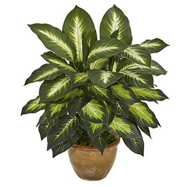 Nearly Natural Artificial Dieffenbachia Plant Faux Greenery in Ceramic Planter for Indoor Home Decor