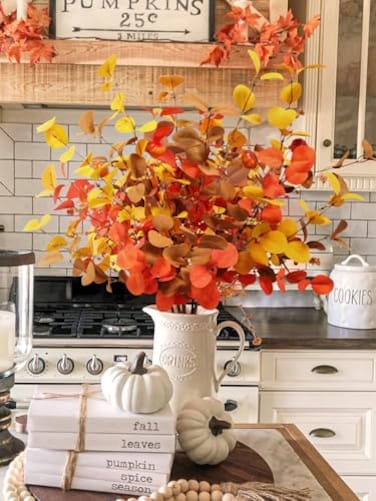 Beferr Fall Eucalyptus Stems Christmas Decor 5Pcs 32 Tall Faux Eucalyptus Leaves Pumpkins Branches Autumn Thanksgiving Farmhouse Harvest Fireplace Table Centerpiece Home Decorations