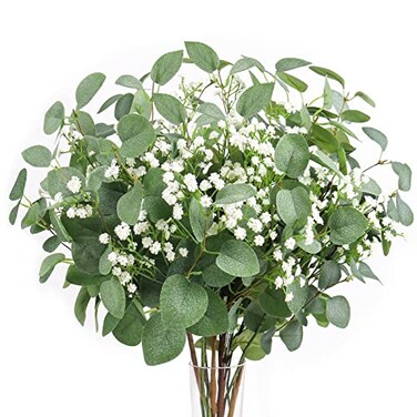 Beferr 5pcs Eucalyptus Stems 6pcs Babys Breath Artificial Flowers Faux Greenery Bouquets for Wedding Table Centerpiece Home Decor