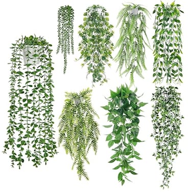 Der Rose 8Pcs Fake Plants Hanging Artificial Ivy Vine Faux Eucalyptus Hanging Plants for Home Boho Wall Shelf Indoor Outdoor Decor White Pots