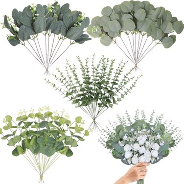 FENYUAN Eucalyptus Stems Bulk 60 Pcs 4 Kinds Mixed Artificial Silver Dollar Eucalyptus Leaves Bundle Faux Greenery Branches for Wedding Vase Bouquet Floral Arrangement Centerpiece Home Decor