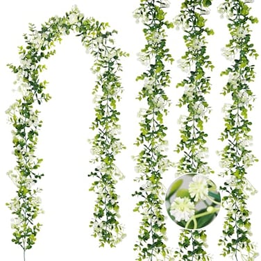 HIAGROW 6FT Eucalyptus Garland with Flowers 4 Pack Greenery Hanging Summer Eucalyptus Garland Suitable for Table Wedding Backdrop Arch Wall Party Thanksgiving UV Protected Indoor Outdoor Decorations