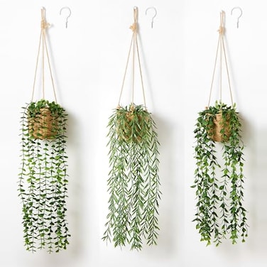 Mokof 3 Pack Artificial Hanging Plants in Boho Handwoven Baskets for Living Room Bedroom Bathroom Wall Shelf Decor