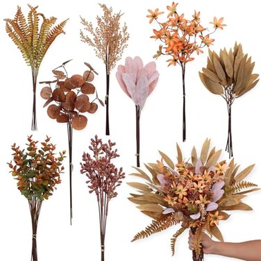 YXZZWL Artificial Greenery Stems Box Set for Fall Decorations70 Pcs with 8 Kinds of Faux Eucalyptus Branches for Autumn Wedding DIY Bouquets Floral Arrangement Table Centerpieces Brown Orange