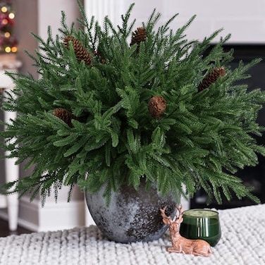 HyeFlora 19 Inch Christmas Norfolk Pine Stems 12PCS Real Touch Faux Cedar Pine with 5PCS Big Pine Cones Branches Artificial DIY Greenery Stems Plastic Picks for Vase Indoor Outdoor Home Garden Dcor