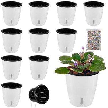 Planterhoma 5 Inch Self Watering Pots for Indoor Plants 10 Packs African Violet Pots with Indicator Black Wick Pot with Drainage Holes Self Watering Planters for Orchid Devils Ivy White