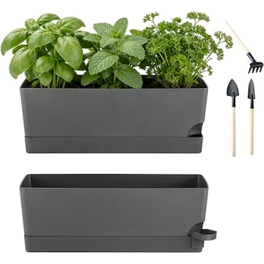KvyusFlourish 2 Pack Rectangle Self Watering Pots for Indoor Plants 17 Inches Window Boxes Planters Rectangular Flower Pots Herb Large Plant Pots with Drainage Holes and Saucers Windowsill Planter Gre
