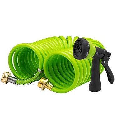 AUTOMAN EVA Recoil Garden Hose 25ft Includes 7 Pattern Spray NozzleCurly Water Hose 25 FootWatering Hose CoilRetractableCorrosion Resistant Garden Coil HoseGreen
