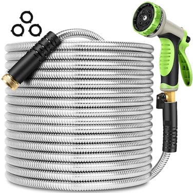 Wabolay Metal Garden Hose 25 ft Stainless Steel Water Hose Heavy Duty with 10 Way NozzleFlexible Lightweight Durable No Kink Tangle Hoses Pipe Strong 34 Solid Brass Fitting for Outdoor Yard